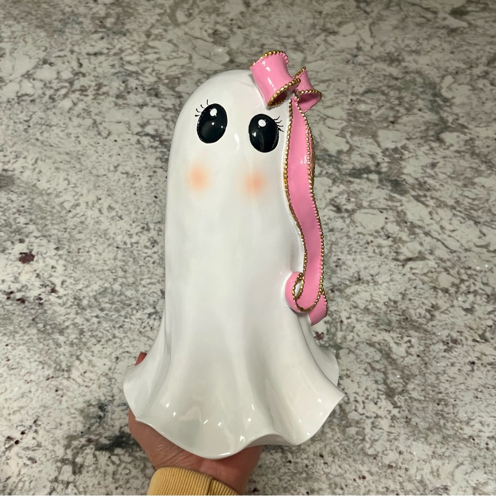 Cute Ghost Figurine with Pink Bow